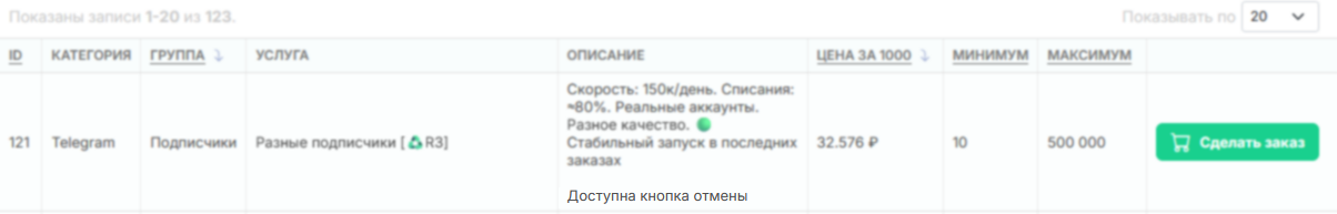 Кнопка отмены заказа в описании услуги